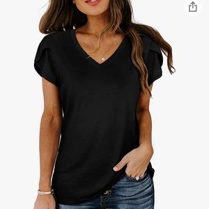 WIHOLL V Neck Petal Sleeve T-shirt in Black